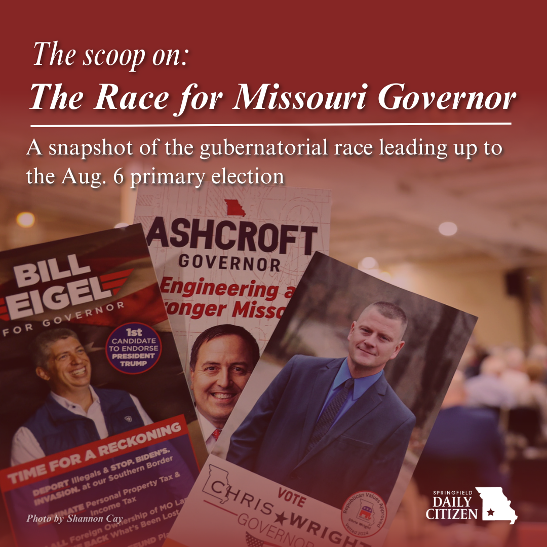 Candidates for governor had plenty of materials on hand June 27 for the Greene County Republican Women 2024 Republican Candidate Forum. Text on the image reads, "The scoop on: The Race for Missouri Governor. A snapshot of the gubernatorial race leading up to the Aug. 6 primary." (Photo by Shannon Cay)