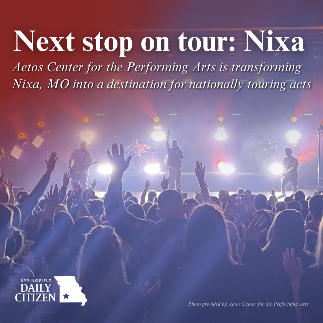 A crowd cheers for Colton Dixon, of “American Idol” fame, during his recent performance at the Aetos Center for the Performing Arts. Text on the image reads: "Next top on tour: Nixa. Aetos Center for the Performing Arts is transforming Nixa, MO into a destination for nationally touring acts." (Photo provided by Aetos Center for the Performing Arts)