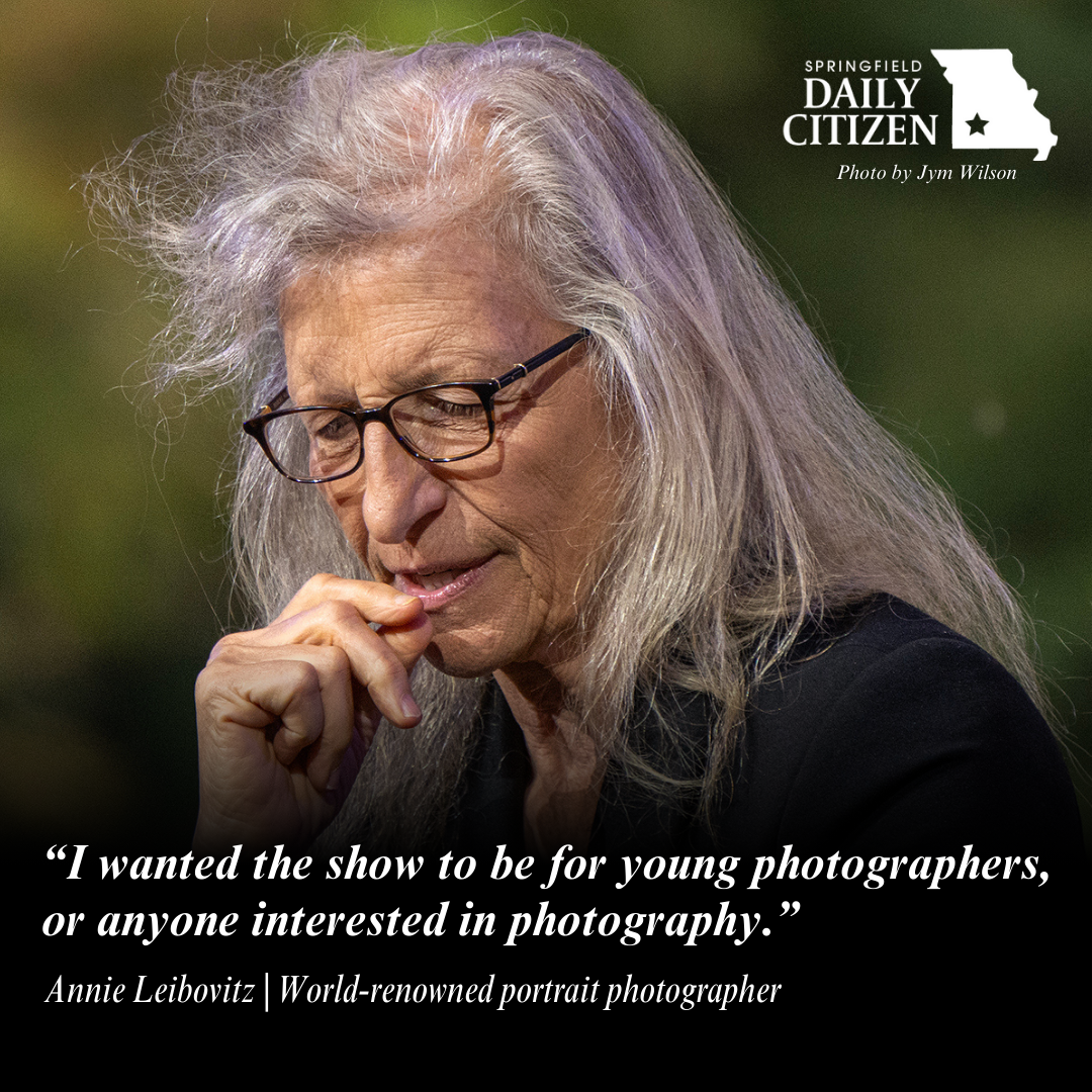 Annie Leibovitz pauses to consider her answer during an audience Q-and-A at the opening of "Annie Leibovitz at Work" at Crystal Bridges Museum of American Art on Friday, Sept. 15, 2023 in Bentonville, Arkansas. 