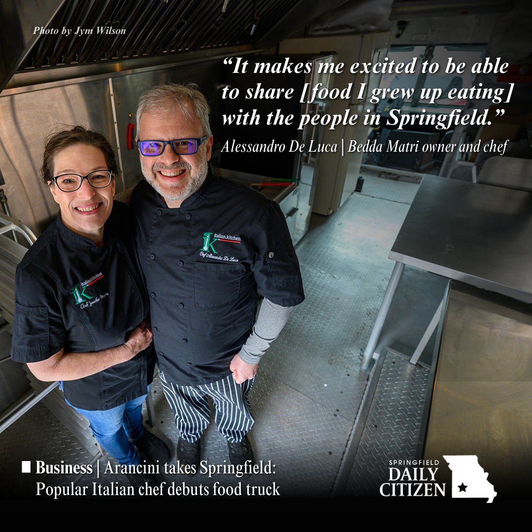 Jennifer Morris, left, and Alex De Luca, stand inside their new food truck, “Bedda Matri.” Text on the image reads: "It makes me excited to be able to share [food I grew up eating] with the people in Springfield." Allesandro De Luca | Bedda Matri owner and chef (Photo by Jym Wilson)