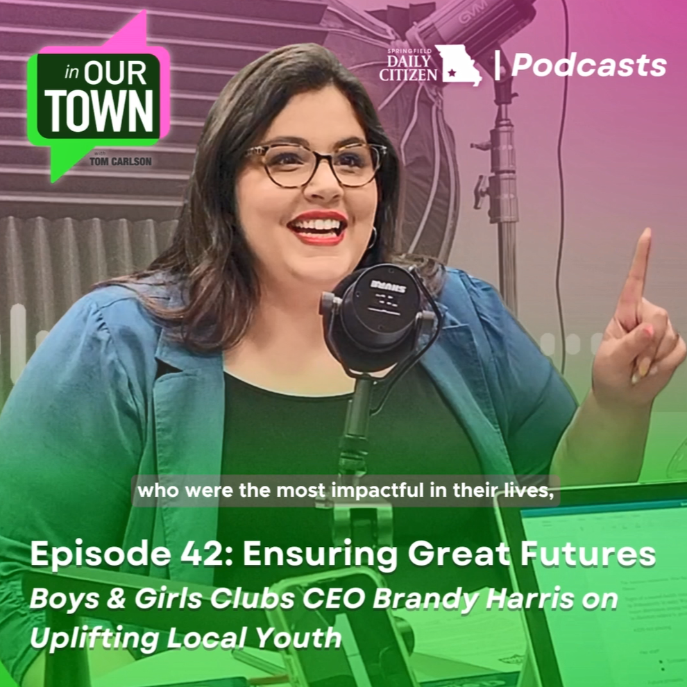 Boys & Girls Clubs of Springfield CEO Brandy Harris is interviewed by Tom Carlson for the "In Our Town" podcast. Text on the image reads: "Episode 42: Ensuring Great Futures. Boys & Girls Club CEO Brandy Harris on Uplifting Local Youth." (Photo by Shannon Cay)