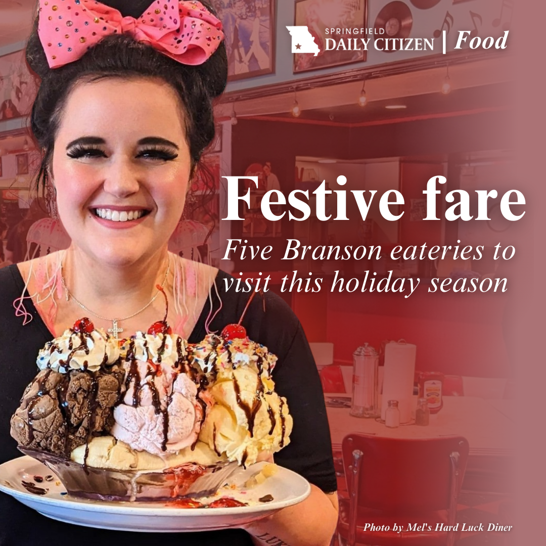 A server at Mel's Hard Luck Diner holds up a giant banana split. Text on the image reads: "Festive fare. Five Branson eateries to visit this holiday season."