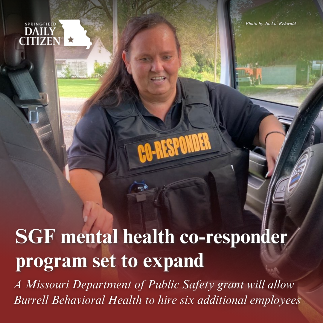 Holli Triboulet, project director for Burrell Behavioral Health's and Springfield Police Department's co-responder program, climbs into her vehicle after responding to a call. Text on the image reads: "SGF mental health co-responder program set to expand. A Missouri Department of Public Safety grant will allow Burrell Behavioral Health to hire six additional employees." (Photo by Jackie Rehwald)