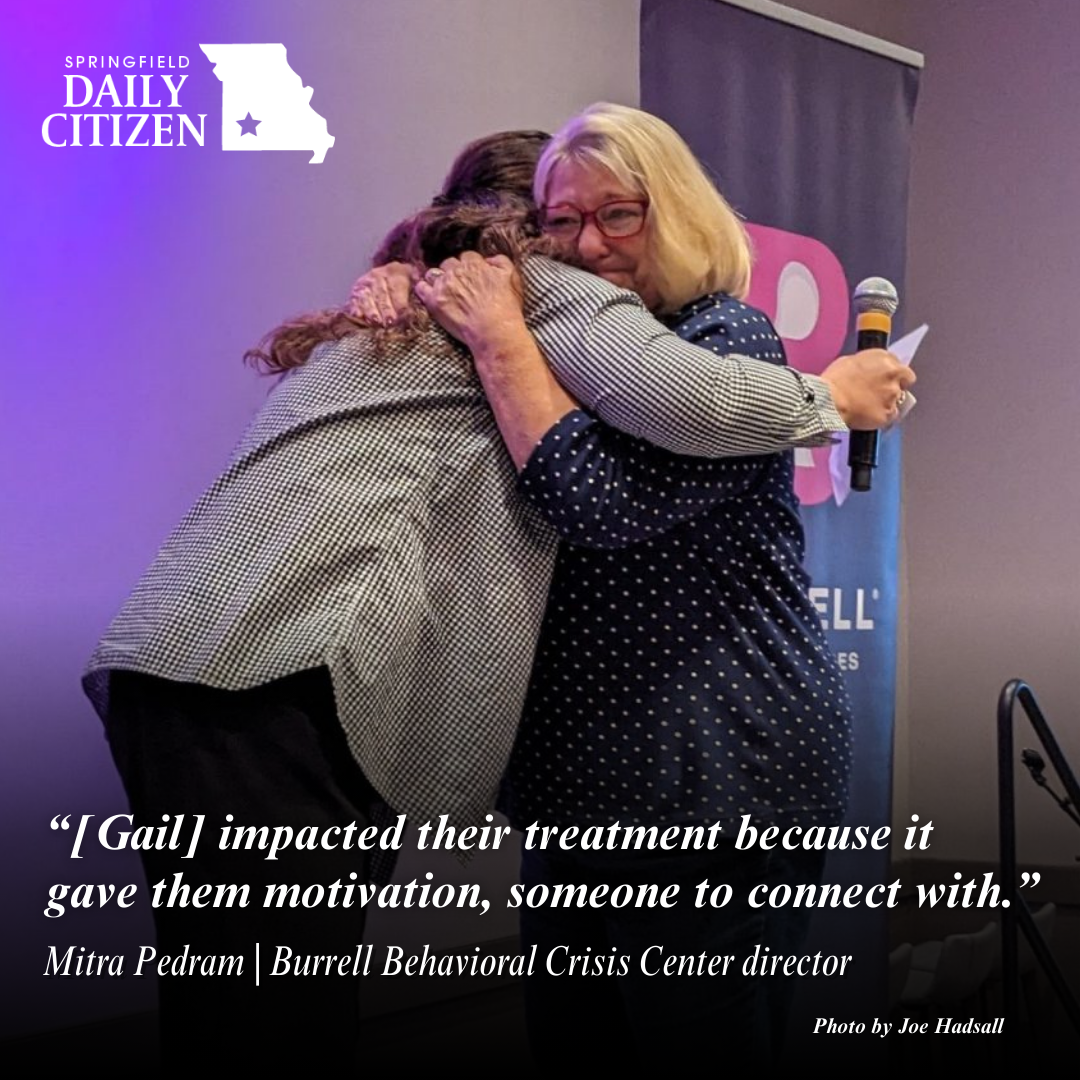 Gail Thompson, right, is named as 2023 Youth Mental Health Advocate Monday at Burrell Behavioral Health's Youth Mental Health Conference. Text on the image reads: "'[Gail] impacted their treatment because it gave them motivation, someone to connect with.' Mitra Pedram | Burrell Behavioral Crisis Center director"