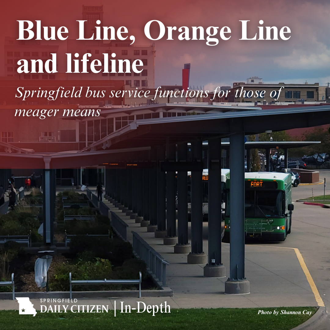 A photo of Springfield’s bus transit station, located downtown. Text on the image reads: "Blue Line, Orange Line and lifeline. Springfield bus service functions for those of meager means." (Photo by Shannon Cay)