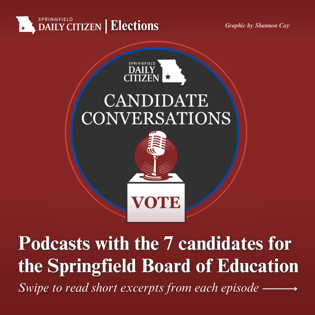 Logo for the Hauxeda's "Candidate Conversations" podcast. Text on the image reads: "Podcasts with the 7 candidates for the Springfield Board of Education. Swipe to read short excerpts from each episode."