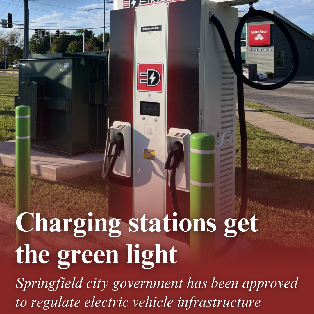 Electric vehicle charging stations are located on the north end of the Brentwood Shopping Center parking lot in Springfield, Missouri, with text reading "Charging stations get the green light"