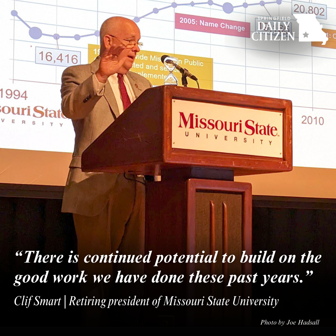 Missouri State University President Clif Smart stands behind a lectern and talks about the university's progress in enrollment.