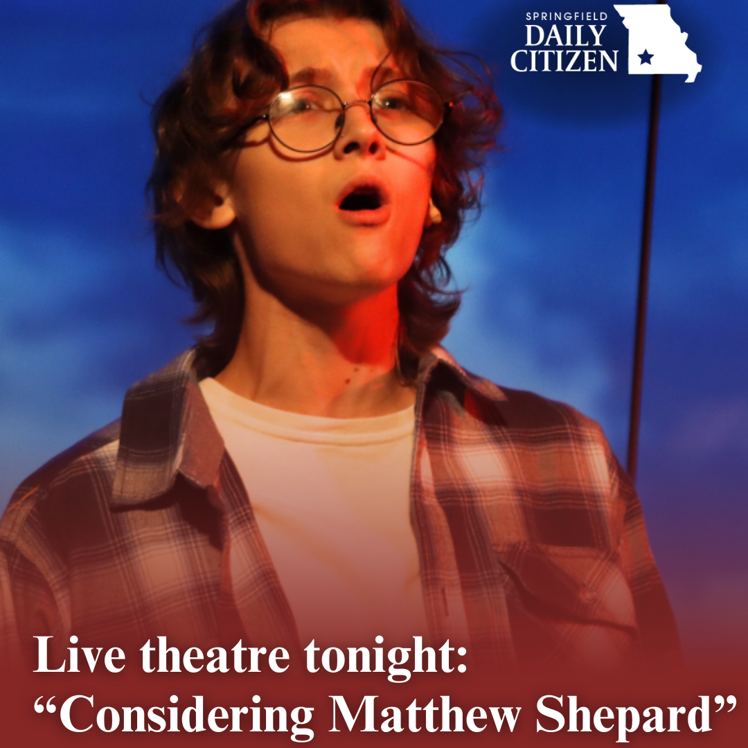 A cast member wearing a flannel shirt rehearses "Considering Matthew Shepard." Text on the image reads "Live theatre tonight: 'Considering Matthew Shepard.'"