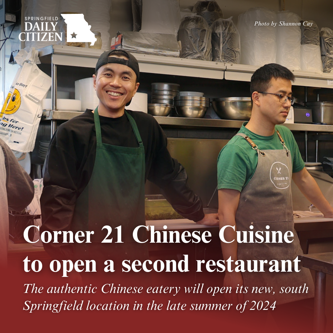 Corner 21 bus boy Lei (left) and cook Zheng (right) pause for a photo during a lunch rush on May 10, 2024.  Text on the image reads: "Corner 21 Chinese Cuisine to open a second restaurant. The authentic Chinese eatery will open its new, south Springfield location in the late summer of 2024." (Photo by Shannon Cay) 