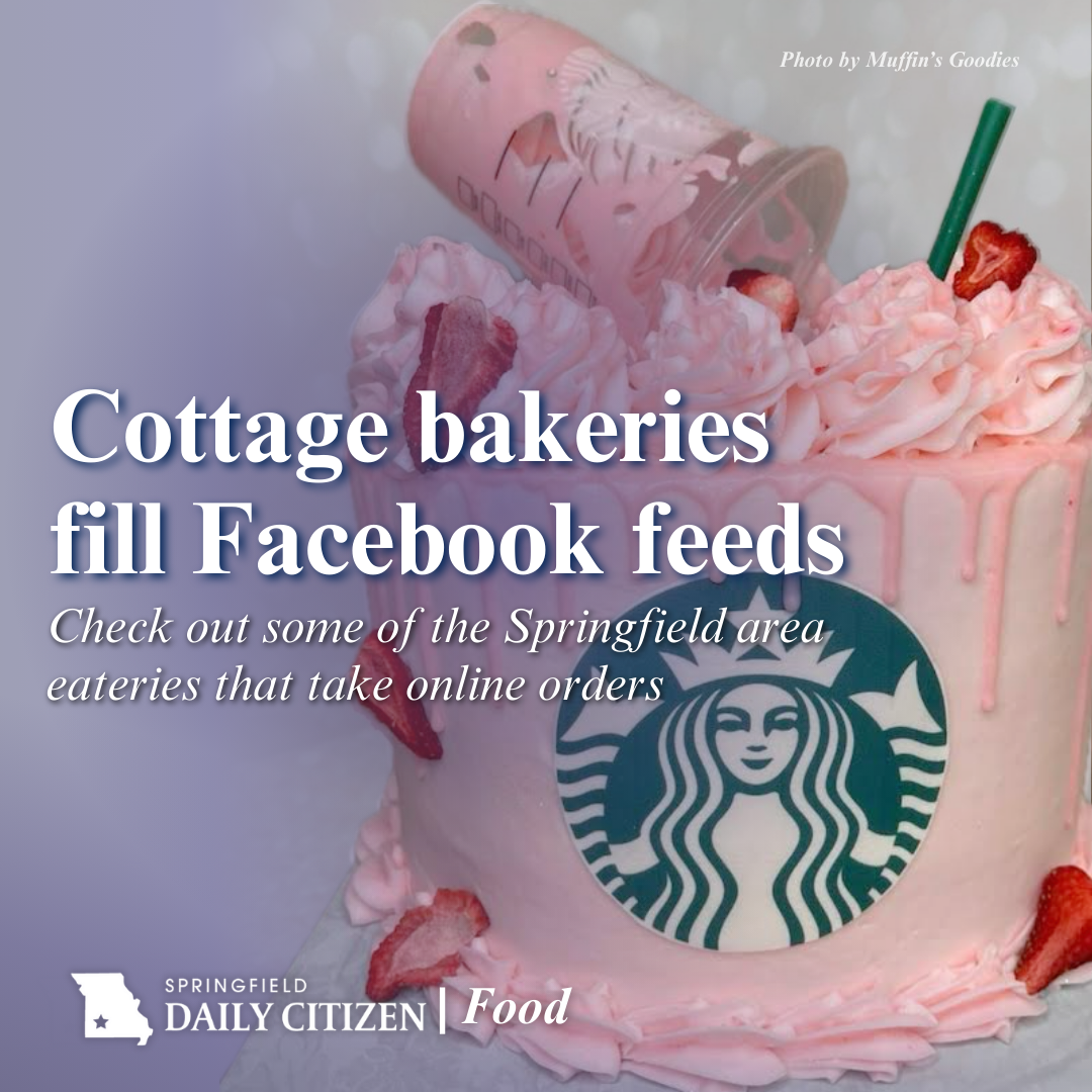 A pink cake decorated with a Starbucks logo and strawberries. Text on the image reads: "Cottage bakeries fill Facebook feeds. Check out some of the Springfield area eateries that take online orders." (Photo by Muffin's Goodies)