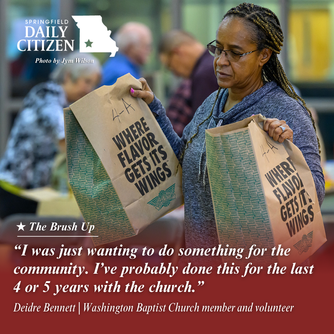 Deidre Bennett carries bags filled with Thanksgiving dinner fixings to the distribution staging area. Text on the image reads: "I was just wanting to do something for the community. I've probably done this for the last 4 or 5 years with the church." — Deidre Bennett | Washington Baptist Church member and volunteer