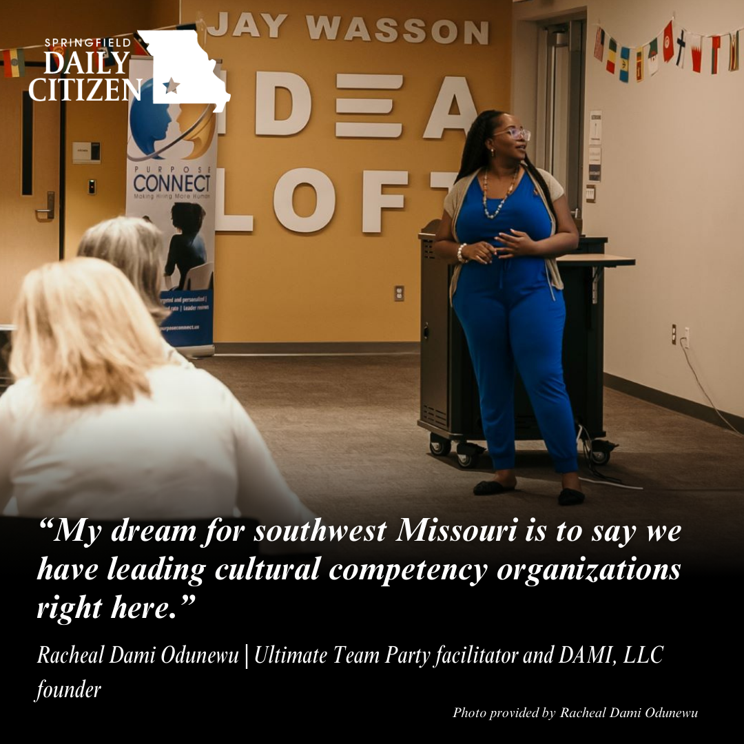 Racheal Dami Odunewu, founder of PurposeConnect, leads a cultural competency training course for area human resources professionals. Text on the image reads: "My dream for southwest Missouri is to say we have leading cultural competency organizations right here."