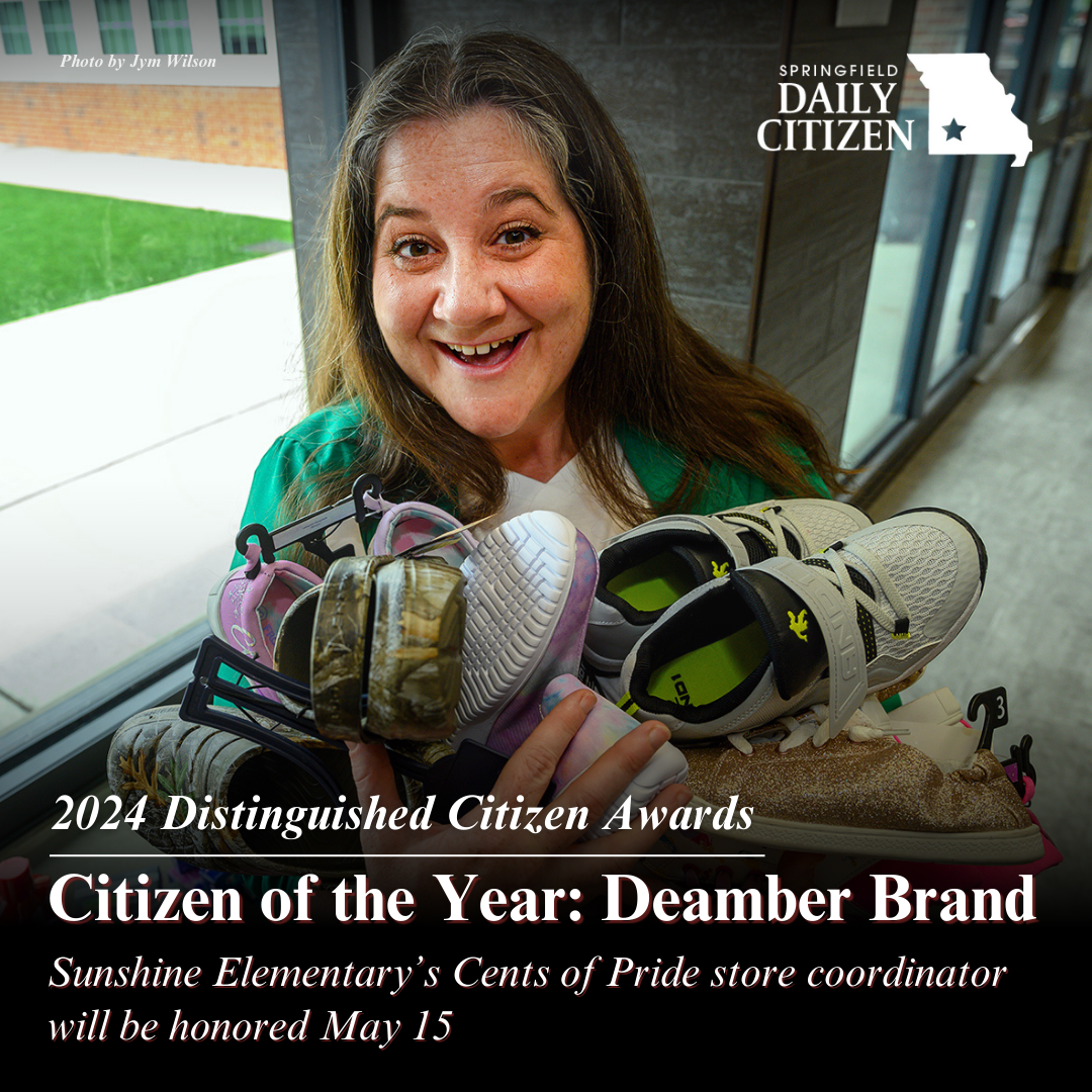 Deamber Brand, parent/volunteer who leads Sunshine Elementary School’s Cents of Pride program, holds an armload of shoes. Text on the image reads: "Citizen of the Year: Deamber Brand. Sunshine Elementary's Cents of Pride store coordinator will be honored May 15." (Photo by Jym Wilson)