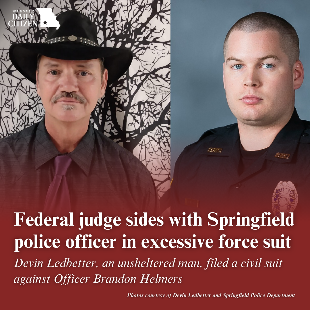 From left, side-by-side photographs of Devin Ledbetter and Springfield Police Officer Brandon Helmers, the key persons in a federal lawsuit between Ledbetter and the Springfield Police Department. Text on the image reads: "Federal judge sides with Springfield police officer in excessive force suit. Devin Ledbetter, an unsheltered man, filed a civil suit against Officer Brandon Helmers." (Ledbetter photo by Devin Ledbetter, Helmers photo by Springfield Police Department)