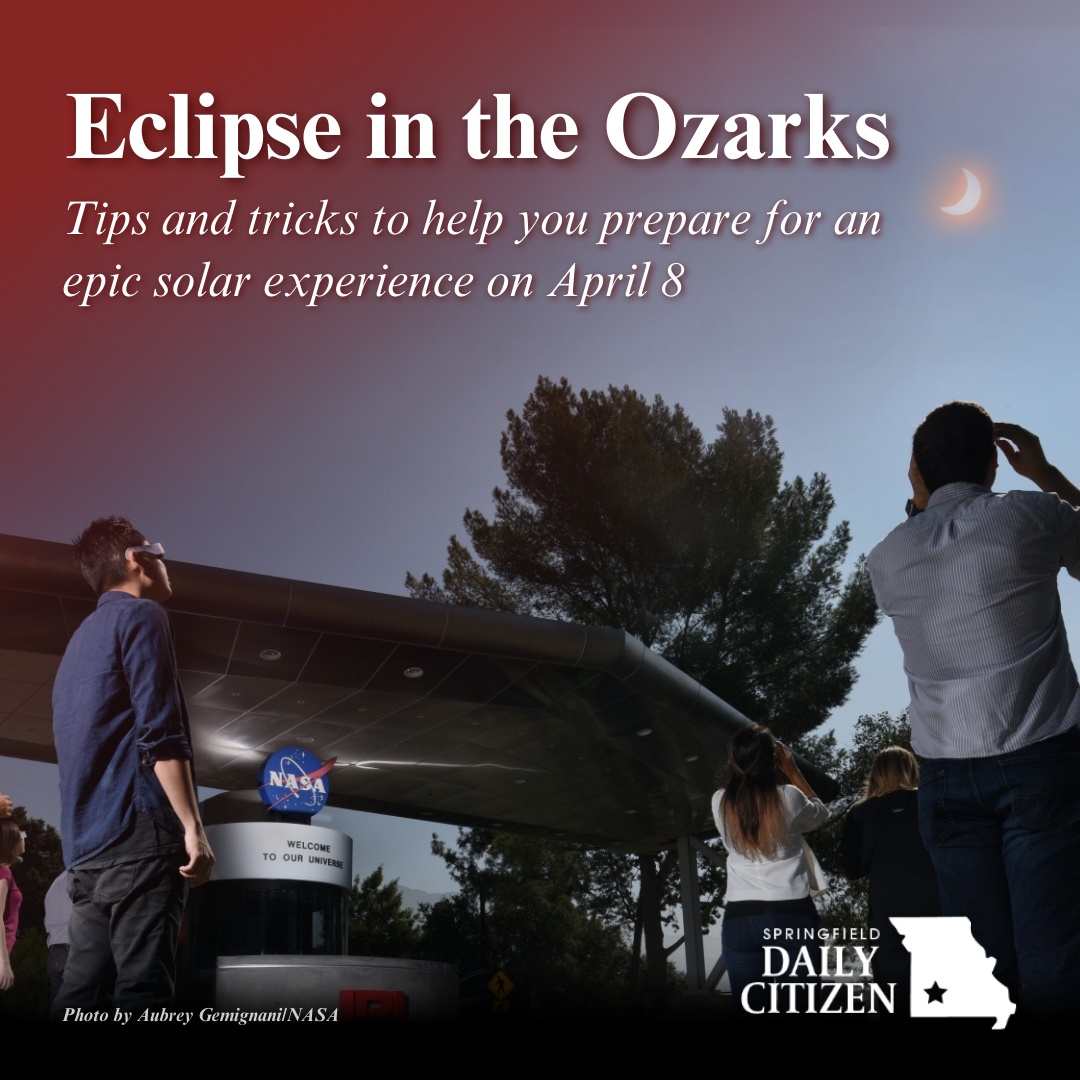 Employees and visitors at NASA's Jet Propulsion Laboratory stopped to watch the Aug. 21, 2017, solar eclipse on Aug. 21, 2017. Text on the image reads: "Eclipse in the Ozarks. Tips and tricks to help you prepare for an epic solar experience on April 8." (Photo by NASA/Josh Krohn)