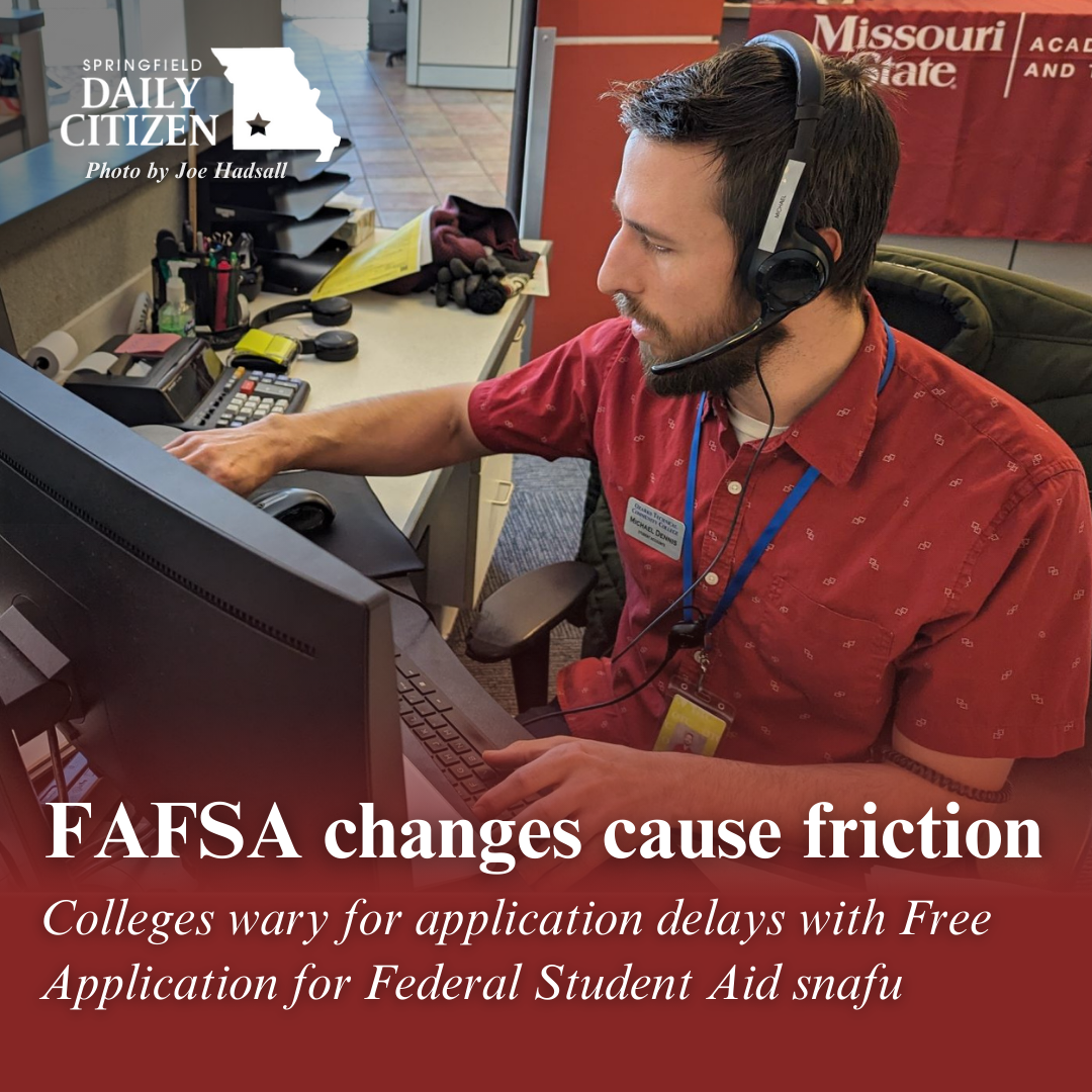 Michael Dennis, an assistant in OTC's financial aid department, helps a caller with a question. Text on the image reads: "FAFSA changes cause friction. Colleges wary for application delays with Free Application for Federal Student Aid snafu." (Photo by Joe Hadsall)
