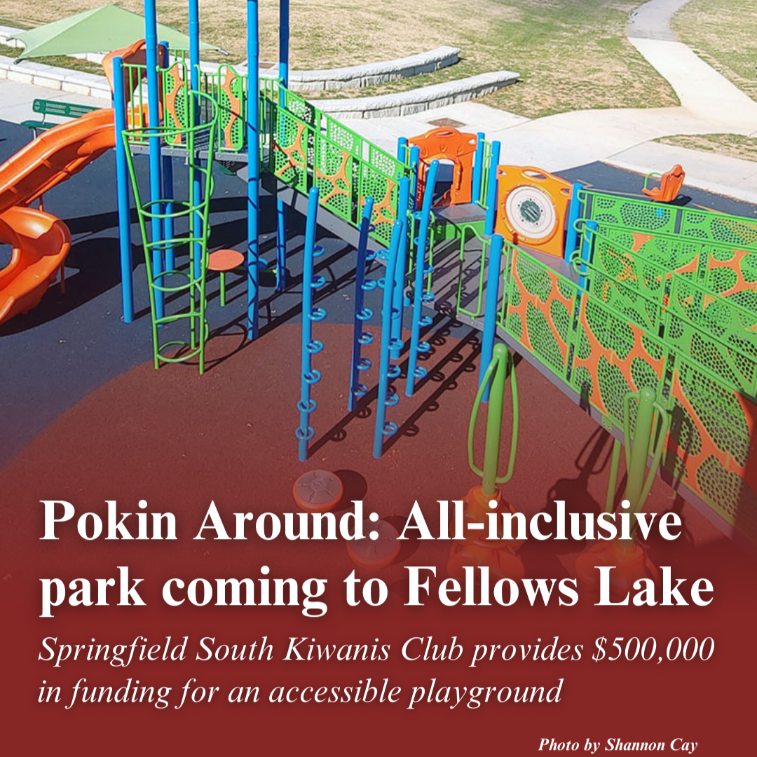 The all-inclusive playground at McCauley Park in Nixa, Missouri. Text on the image reads, "Pokin Around: All-inclusive park coming to Fellows Lake. Springfield South Kiwanis Club provides $500,000 in funding for an accessible playground"