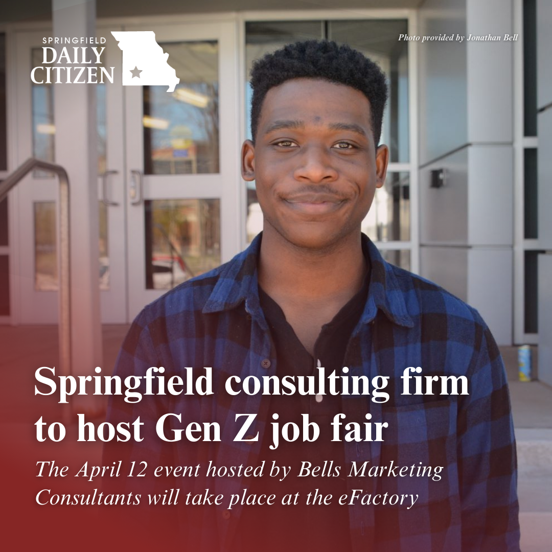Jonathan Bell, founder and managing director of Bells Marketing Consultants, stands outside an office building. Text on the image reads: "Springfield consulting firm to host Gen Z job fair. The April 12 event hosted by Bells Marketing Consultants will take place at the eFactory." (Photo by Jonathan Bell)