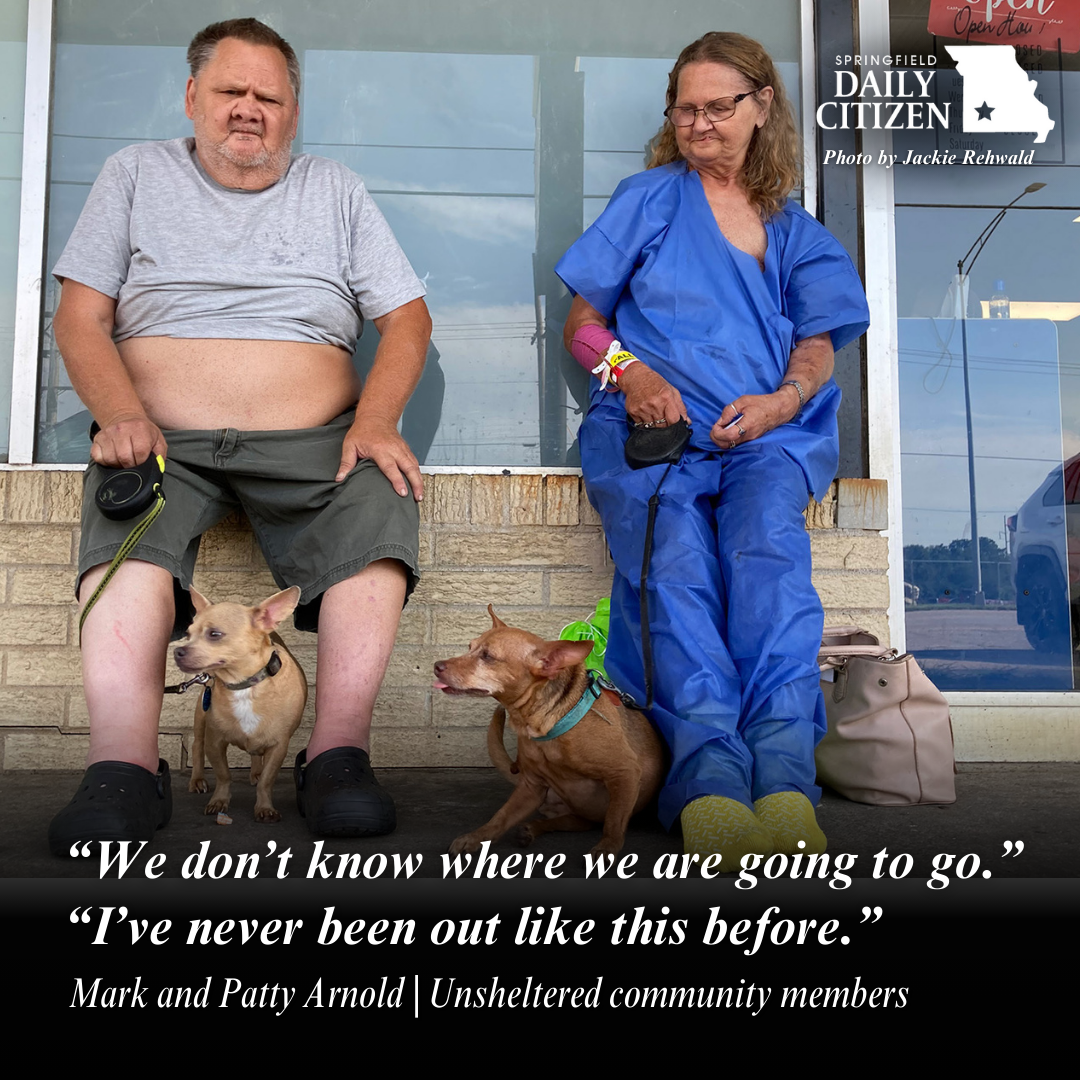 Siblings Mark and Patty Arnold seek refuge from the sun under the awning at the Connecting Grounds Outreach Center on July 31, 2023. Text on the image reads: "'We don't know where we're going to go.' 'I've never been out like this before.' Mark and Patty Arnold | Unsheltered community members" (Photo by Jackie Rehwald)
