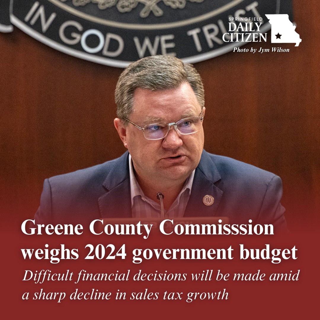 Presiding Commissioner Presiding Bob Dixon attends a meeting of the Greene County Commissioners in the Old Historic Courthouse in Springfield, Missouri. Text on the image reads: "Greene County Commission weighs 2024 government budget. Difficult financial decisions will be made amid a sharp decline in sales tax growth