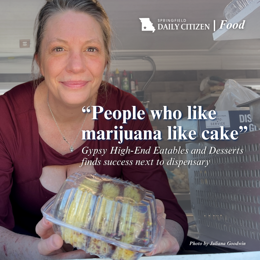 Stephanie Wigger, wearing a red shirt and holding a slice of cake in a plastic container, leans out of the window of The Gypsy food truck. Text on the image reads: "People who like marijuana like cake. Gypsy High-End Eatables and Desserts find success next to dispensary." (Photo by Juliana Goodwin)
