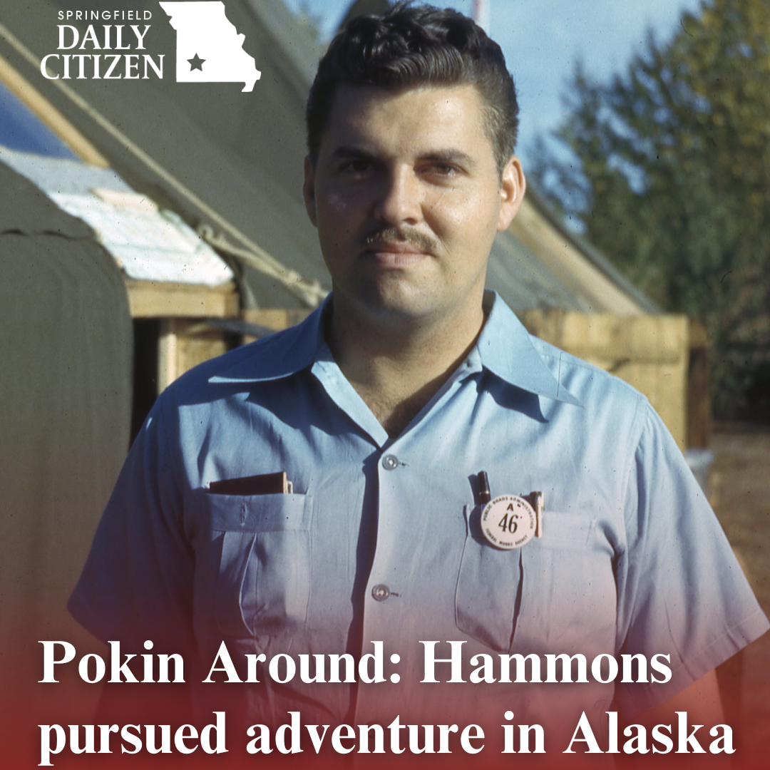 John Q. Hammons stands outside a green tent while working in the Alaska Territory in 1942-43. Text on the image reads — "Pokin Around: Hammons pursued adventure in Alaska" (Photo by Missouri State University Library Special Collections)