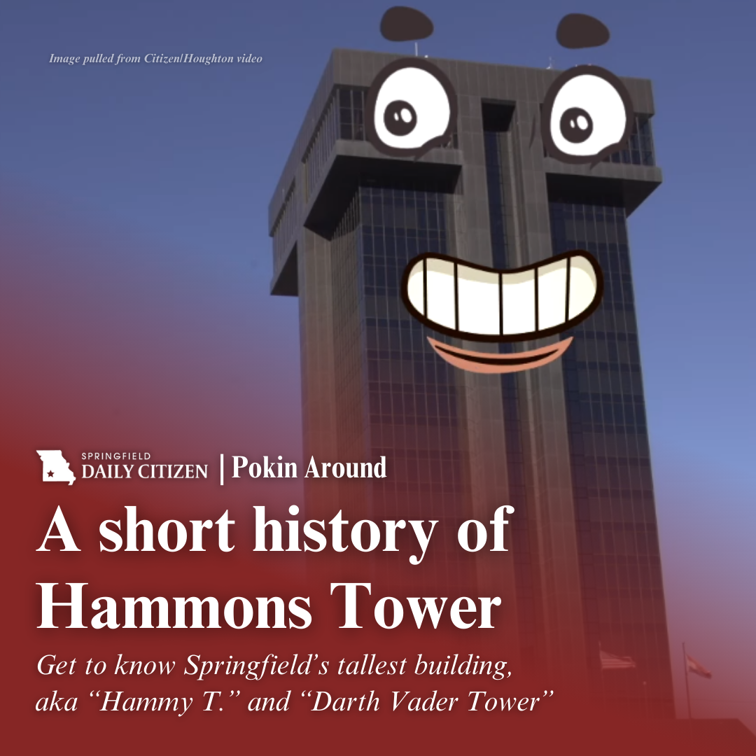 Jeff Houghton, left, with his good friend "Hammy T." Text on the image reads: "A short history of Hammons Tower. Get to know Springfield's tallest building, aka "Hammy T." and "Darth Vader Tower." (Image pulled from Citizen/Houghton video)