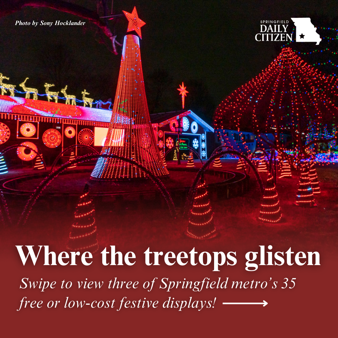 The Bagwell Lights on Cambridge Street in Springfield, Missouri. Text on the image reads: "Where the treetops glisten. Swipe to view three of Springfield metro's 35 free or low-cost festive displays!" (Photo by Sony Hocklander)
