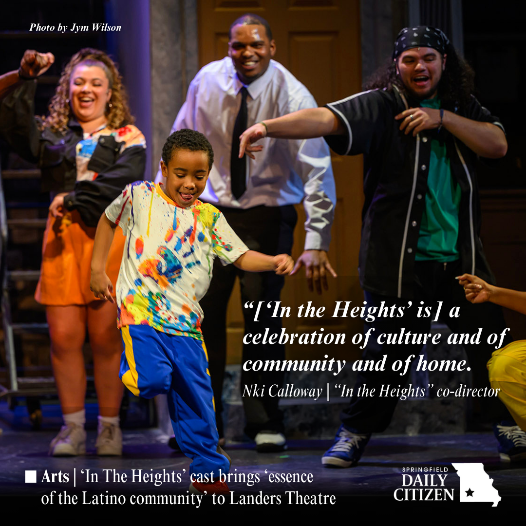 Joshua Coker, center, a member of the “Graffiti Crew,” has a dance solo in the first act of “In the Heights.” Text on the image reads: "[In The Heights] is a celebration of culture and of community and of home." — Nki Calloway | "In The Heights" co-director

(Photo by Jym Wilson)