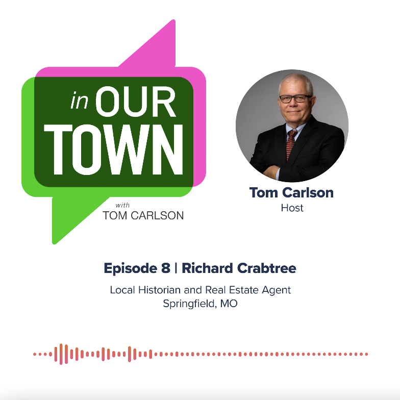 Logo for the podcast "In Our Town" next to a picture of Tom Carlson