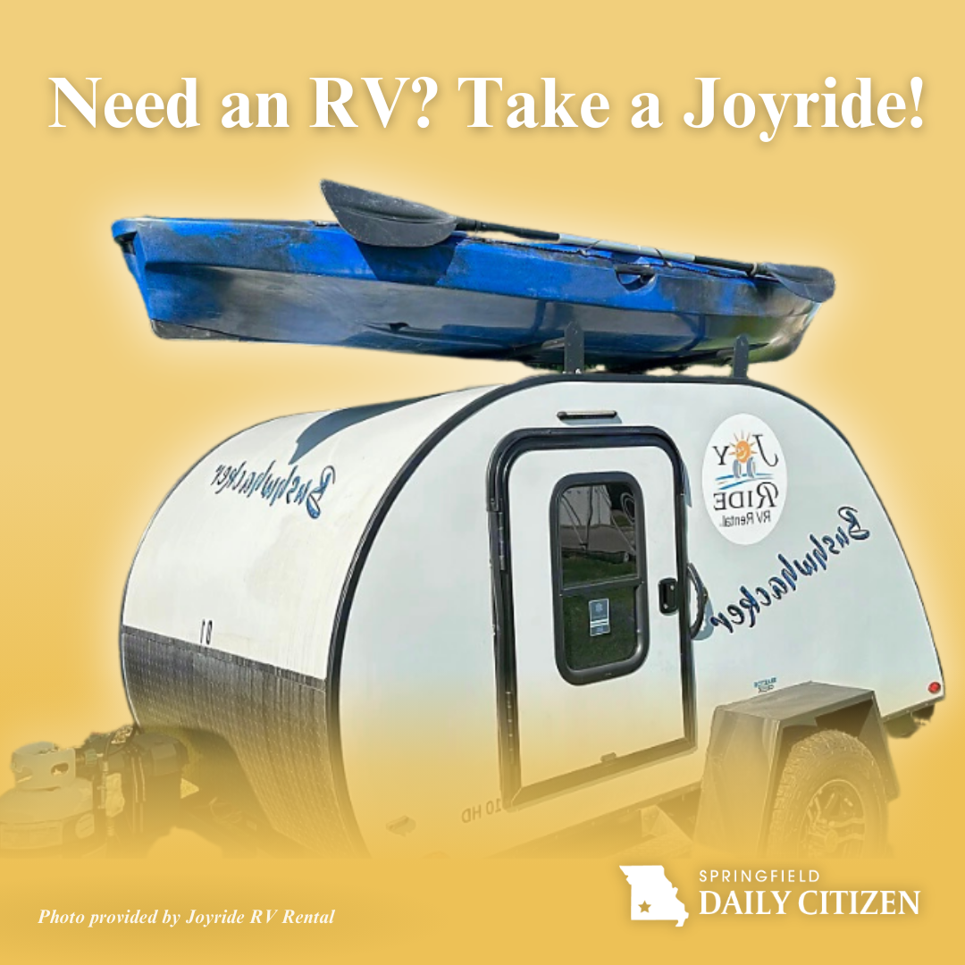 A gray mini-camper with a kayak on top and the Joyride RV Rental logo on the sides. Text on the image reads "Need an RV? Take a Joyride!"