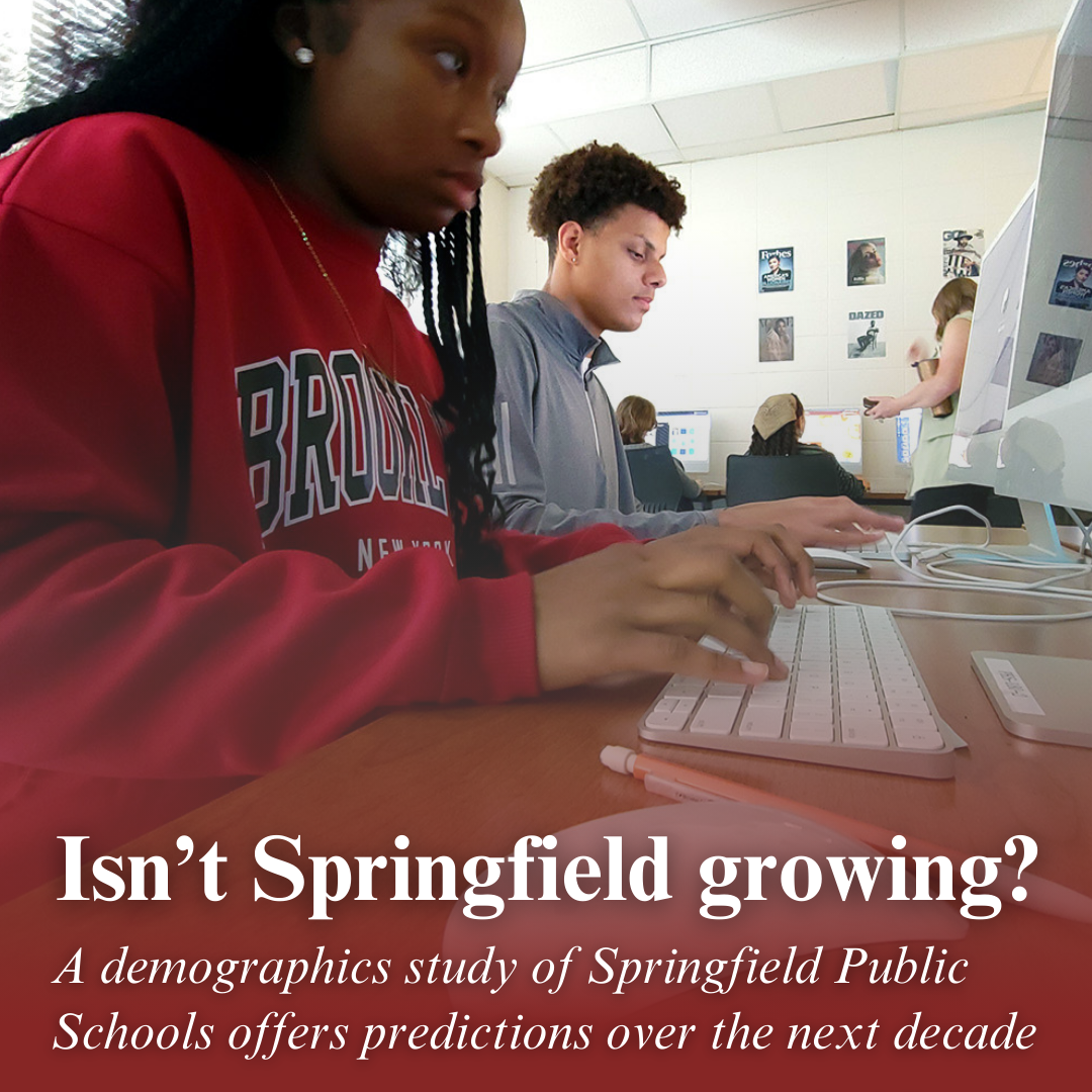 Students at Parkview High School work on the school's yearbook. Text on the image reads: "Isn't Springfield growing? A demographics study of Springfield Public Schools offers predictions over the next decade." (Photo by Shannon Cay)