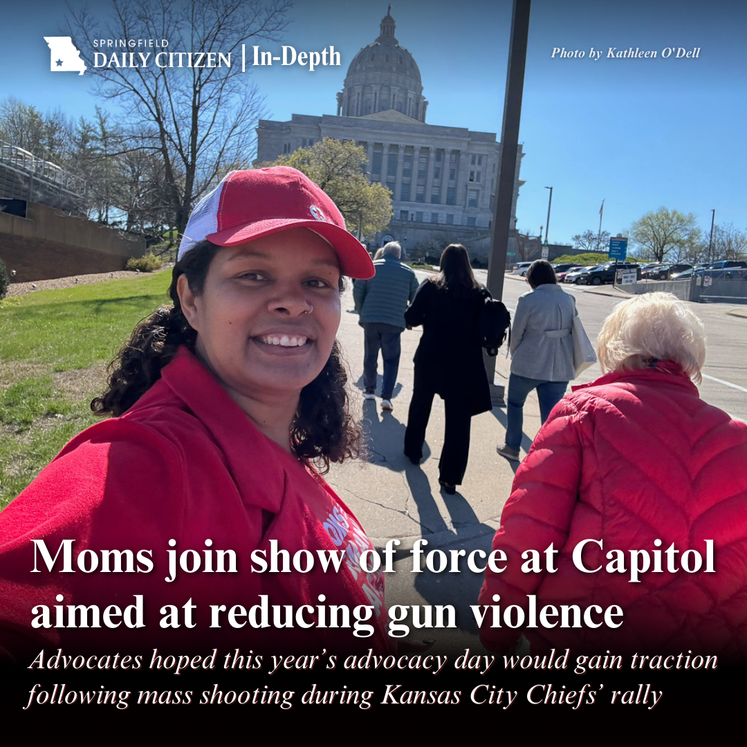 Jasmine Allen heads toward the Missouri Capitol for visits to legislators to lobby for gun restrictions during the Moms Demand Action lobby day March 27, 2024. Text on the image reads: "Moms join show of force at Capitol aimed at reducing gun violence. Advocates hoped this year's advocacy day would gain traction following mass shooting during Kansas City Chiefs' rally." (Photo by Kathleen O'Dell) 