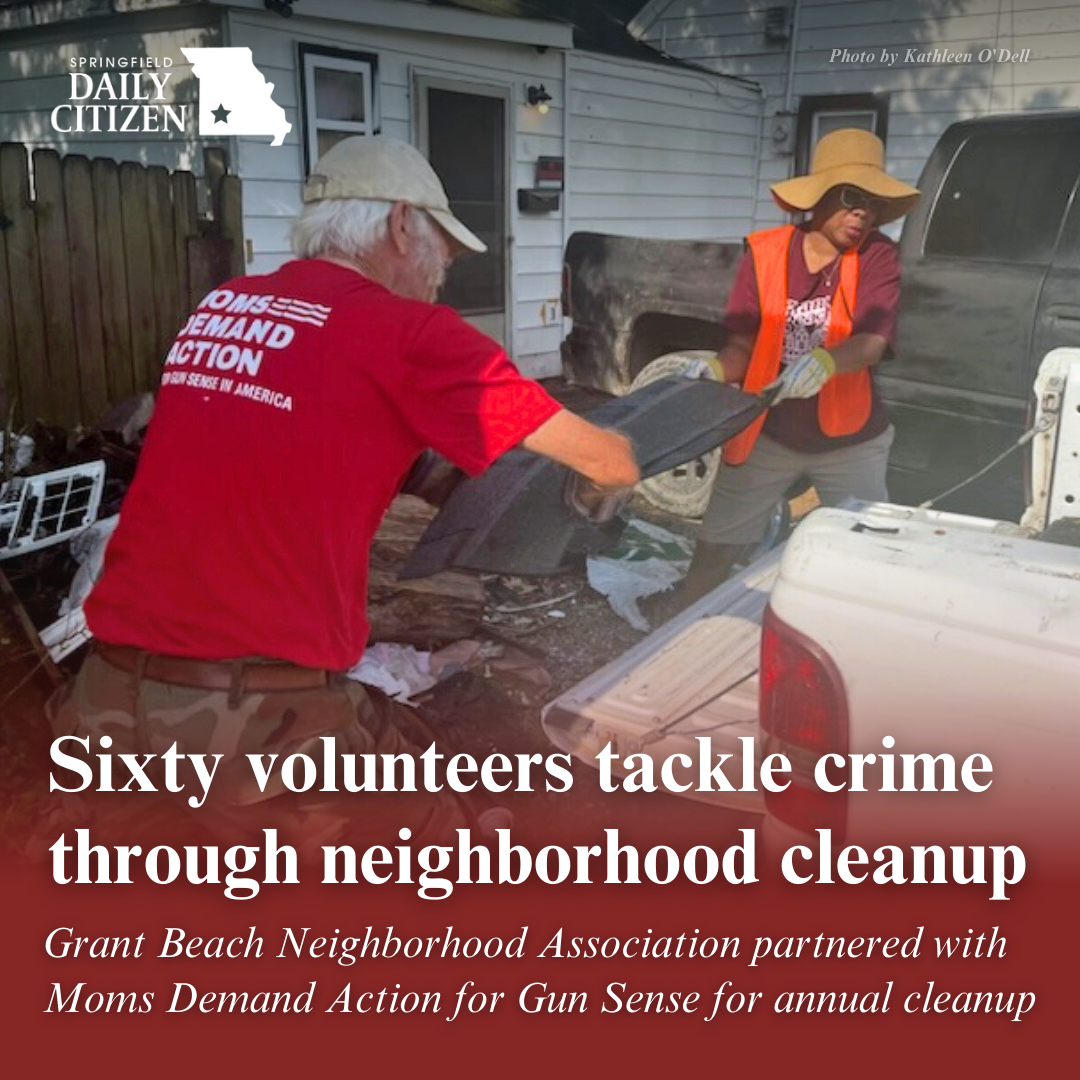 Springfield Councilmember Monica Horton, right, works with volunteer Merle Goehring on a cleanup effort June 8, 2024, in the Grant Beach Neighborhood. Text on the image reads: "Sixty volunteers tackle crime through neighborhood cleanup. Grant Beach Neighborhood Association partnered with Moms Demand Action for Gun Sense for Annual Cleanup." (Photo by Kathleen O'Dell)