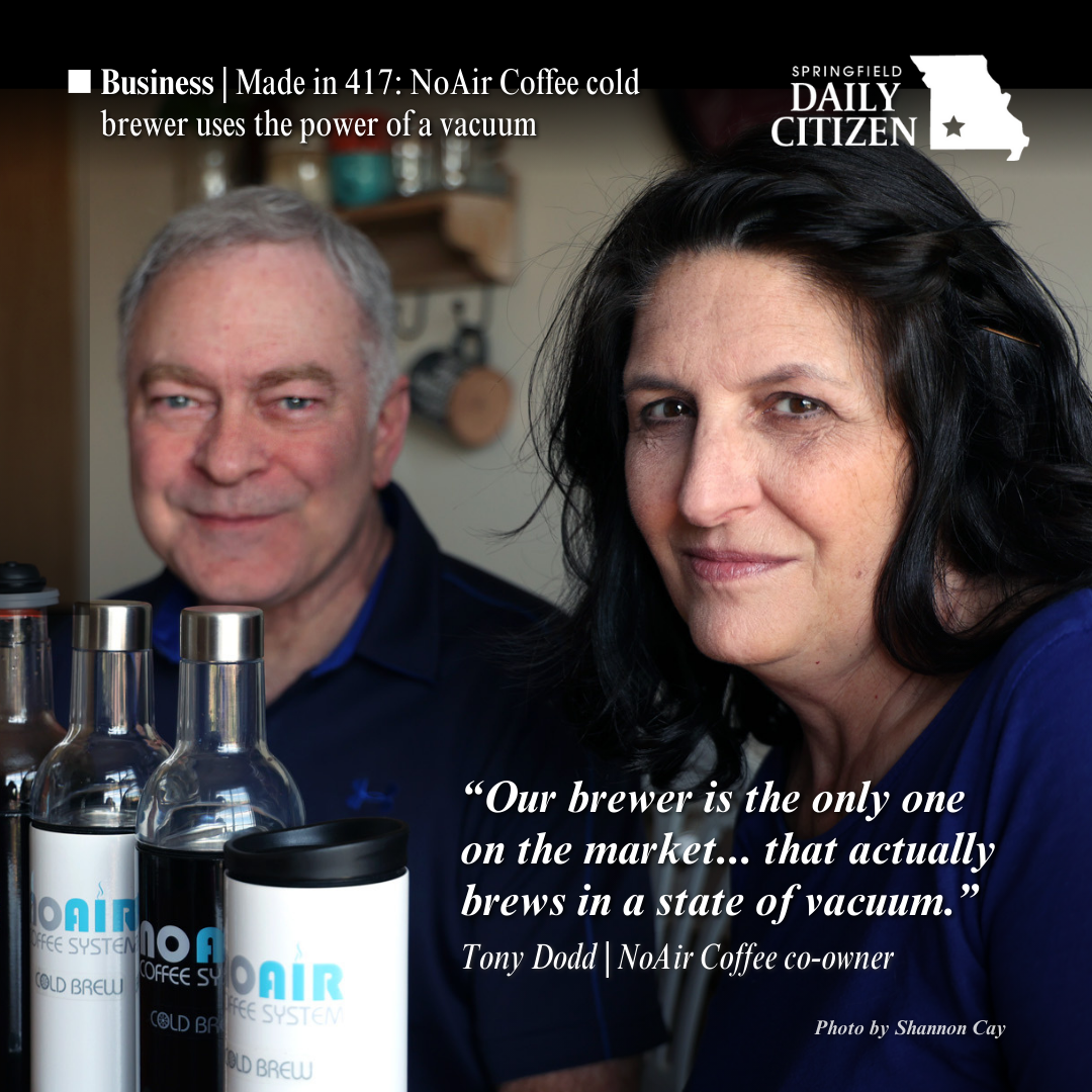 Tony and Mary Dodd, creators of the NoAir Coffee System. Text on the image reads: "Our brewer is the only one on the market... that actually brews in a state of vacuum." Tony Dodd | NoAir Coffee co-owner (Photo by Shannon Cay)
