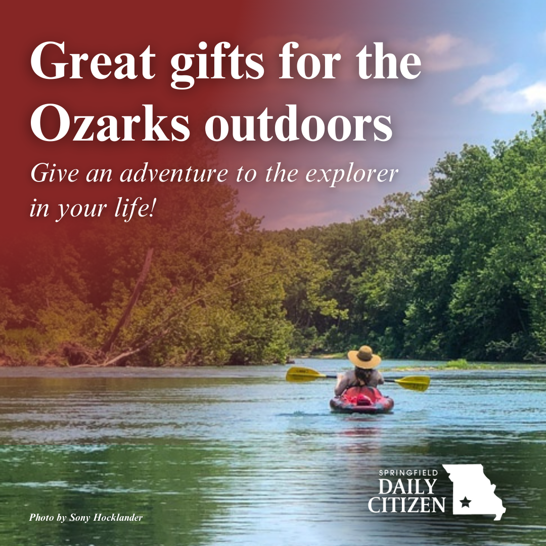 A person in a kayak paddles down a river. Text on the image reads: "Great gifts for the Ozarks outdoors. Give an adventure to the explorer in your life!" (Photo by Sony Hocklander)