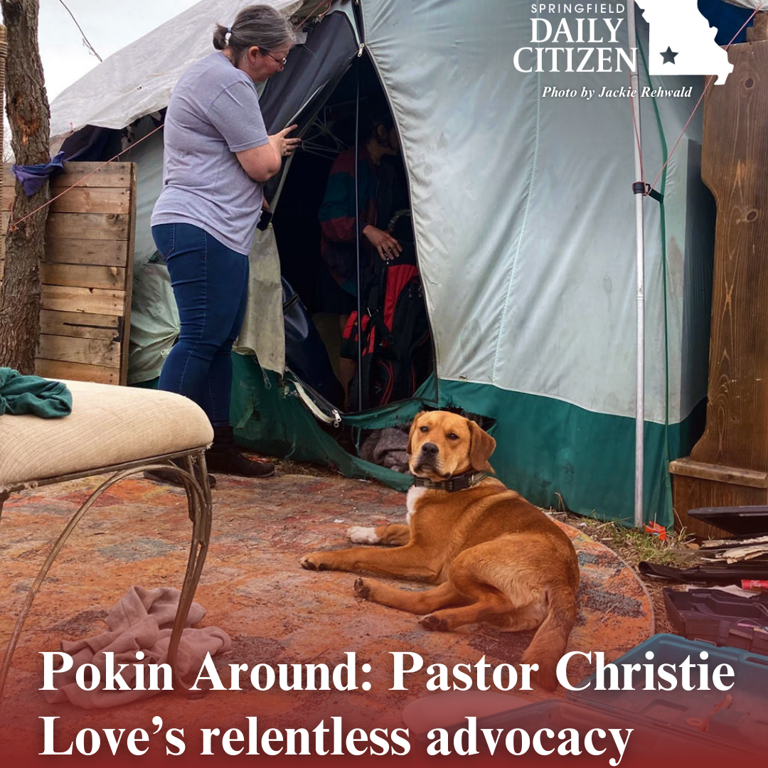 Pastor Christie Love talks with Megan, who is still inside her tent. Megan, along with several other unsheltered people, had to leave the private property on which they were camping on March 23, 2023. Text on the image reads — "Pokin Around: Pastor Christie Love's relentless advocacy." (Photo: Jackie Rehwald)