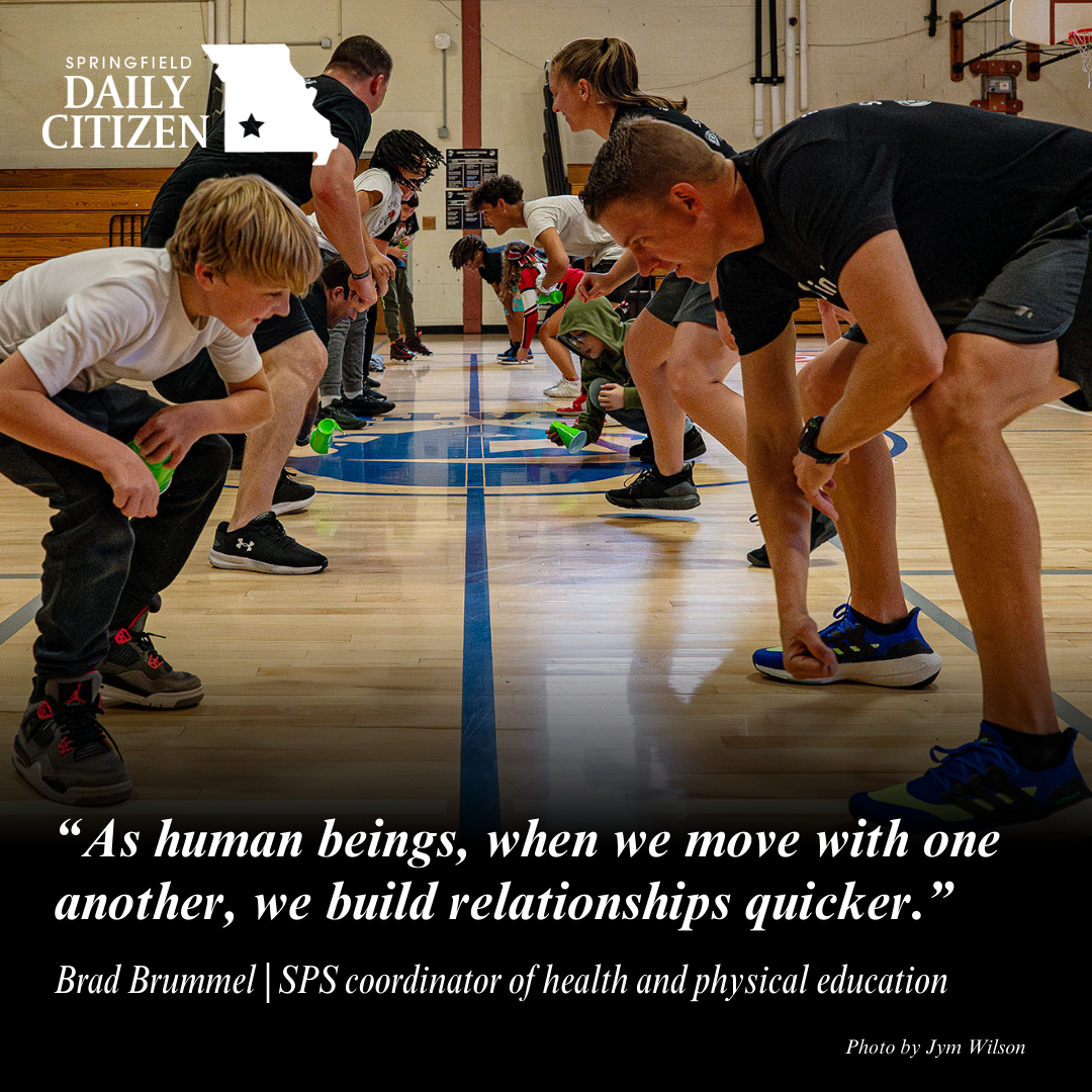 A photo of Springfield police officers competing against kids at Pipkin Middle School during an SPD in PE class, with text reading "As human beings, when we move with one another, we build relationships quicker."
