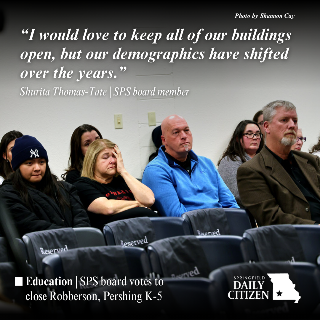 Members of the audience at a Springfield Board of Education meeting react upon the vote to close down Robberson Community School. Text on the image reads: "I would love to keep all of our buildings open, but our demographics have shifted over the years." Shurita Thomas-Tate |  SPS board member (Photo by Shannon Cay) 