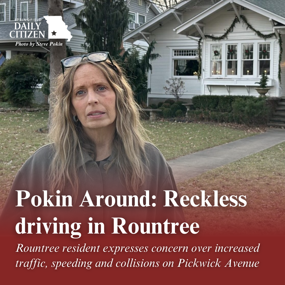 Amy Boyd, a longtime resident of Rountree who lives on Pickwick Avenue, stands in front of her house. Text on the image reads — "Pokin Around: Reckless driving in Rountree. Rountree resident expresses concern over increased traffic, speeding and collisions on Pickwick Avenue." (Photo by Steve Pokin)