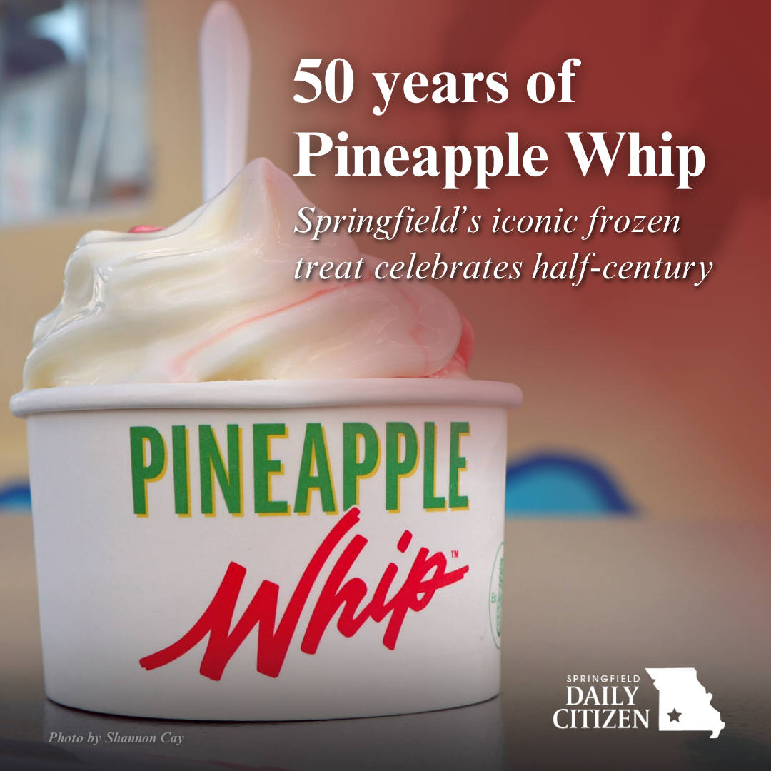 A cup of Pineapple Whip sits on a picnic table, with a Pineapple Whip food truck behind it. Text on the image reads: "50 years of Pineapple Whip. Springfield's iconic frozen treat celebrates half-century." (Photo by Shannon Cay)