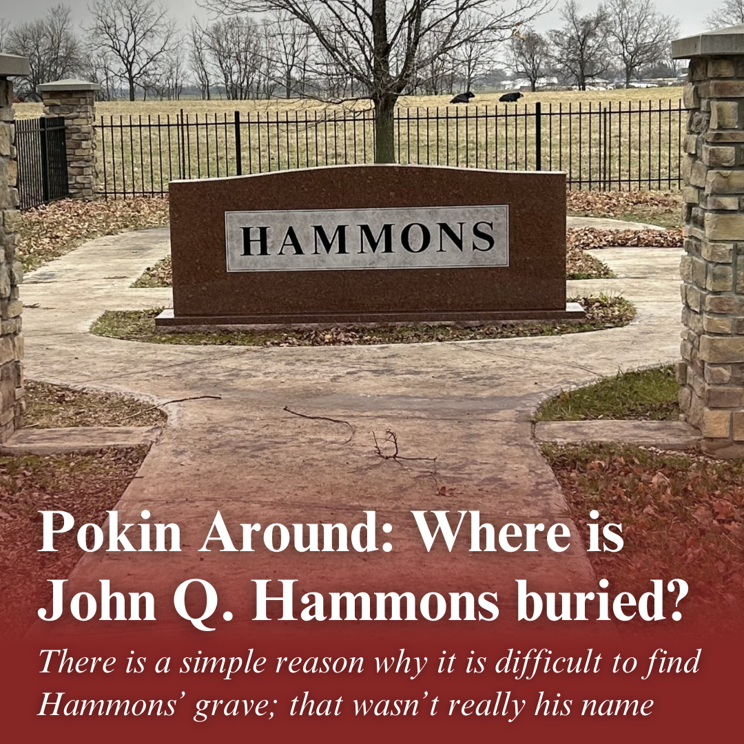 The shared marker for John Q. Hammons and his wife, Juanita K. Hammons, at Dice Cemetery. Text on the image reads: "Pokin Around: Where is John Q. Hammons buried? There is a simple reason why it is difficult to find Hammons' grave; that wasn't really his name." (Photo by Steve Pokin)