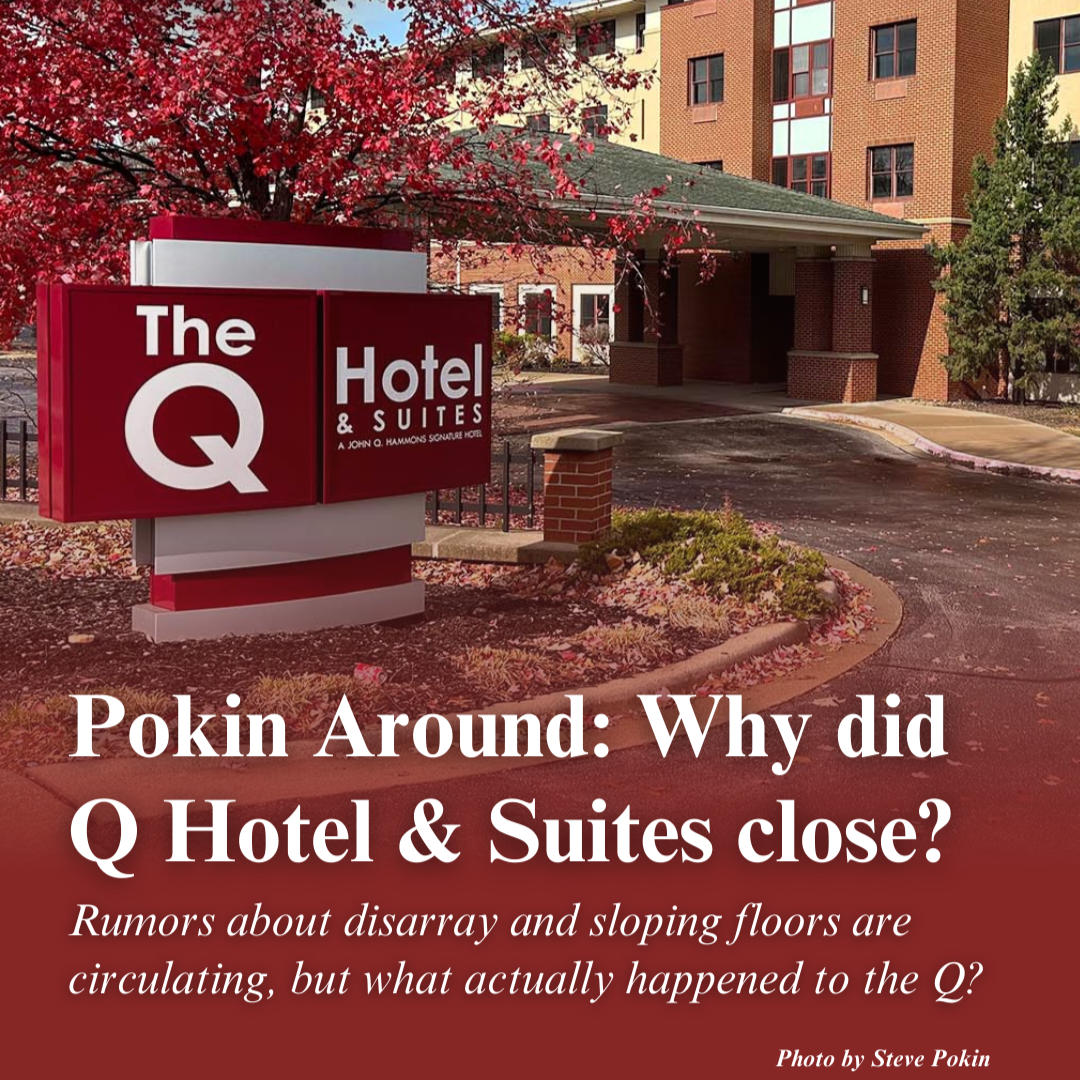 The Q Hotel & Suites in Springfield, Missouri. Text on the image reads, "Pokin Around: Why did Q Hotel & Suites close? Rumors about disarray and sloping floors are circulating, but what actually happened to the Q?"