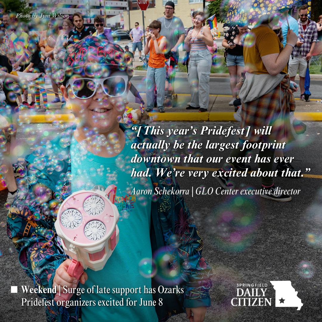 Simon Derossett, 10, of Springfield lets loose with a blast of bubbles while walking in the Ozarks Pridefest parade in 2023. Text on the image reads: "[This year's Pridefest] will actually be the largest footprint downtown that our event has ever had. We're very excited about that." Aaron Schekorra | GLO Center executive director (Photo by Jym Wilson)