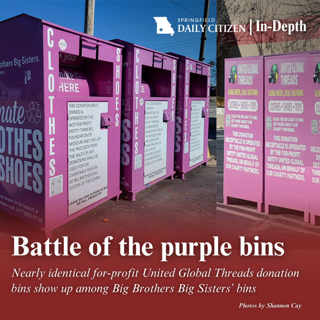 These are bins are from two separate organizations. The bins on the left are for Big Brothers Big Sisters and the bins on the right are for United Global Threads. Text on the image reads: "Battle of the purple bins. Nearly identical for-profit United Global Threads donation bins show up among Big Brothers Big Sisters' bins." (Photos by Shannon Cay)  