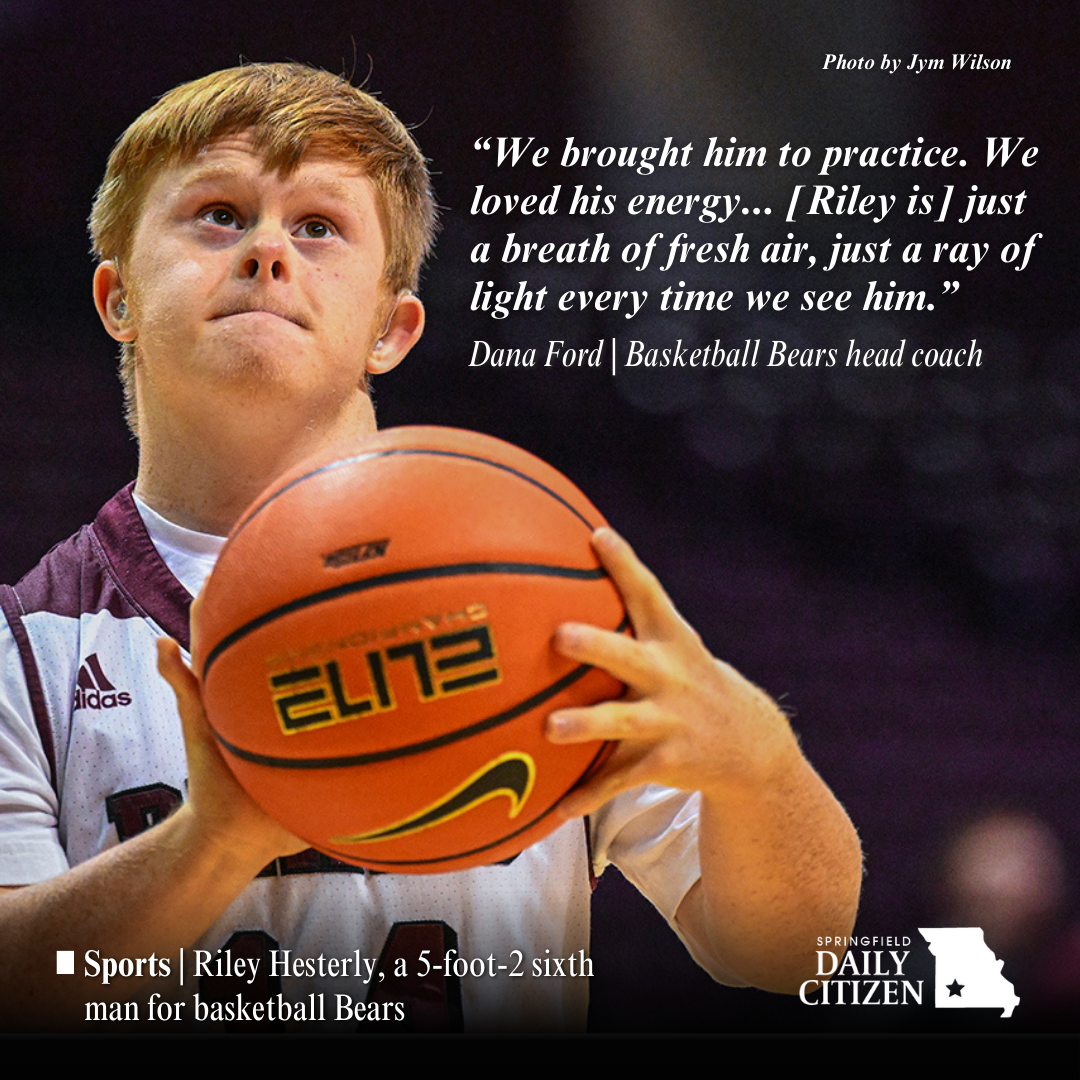 Riley Hesterly works on his shooting skills before the season opener between the Missouri State University Bears and Oral Roberts University in November 2023. Text on the image reads: "We brought him to practice. We loved his energy... [Riley is] a breath of fresh air, just a ray of light ever time we see him." Dana Ford | Basketball Bears head coach (Photo by Jym Wilson) 
