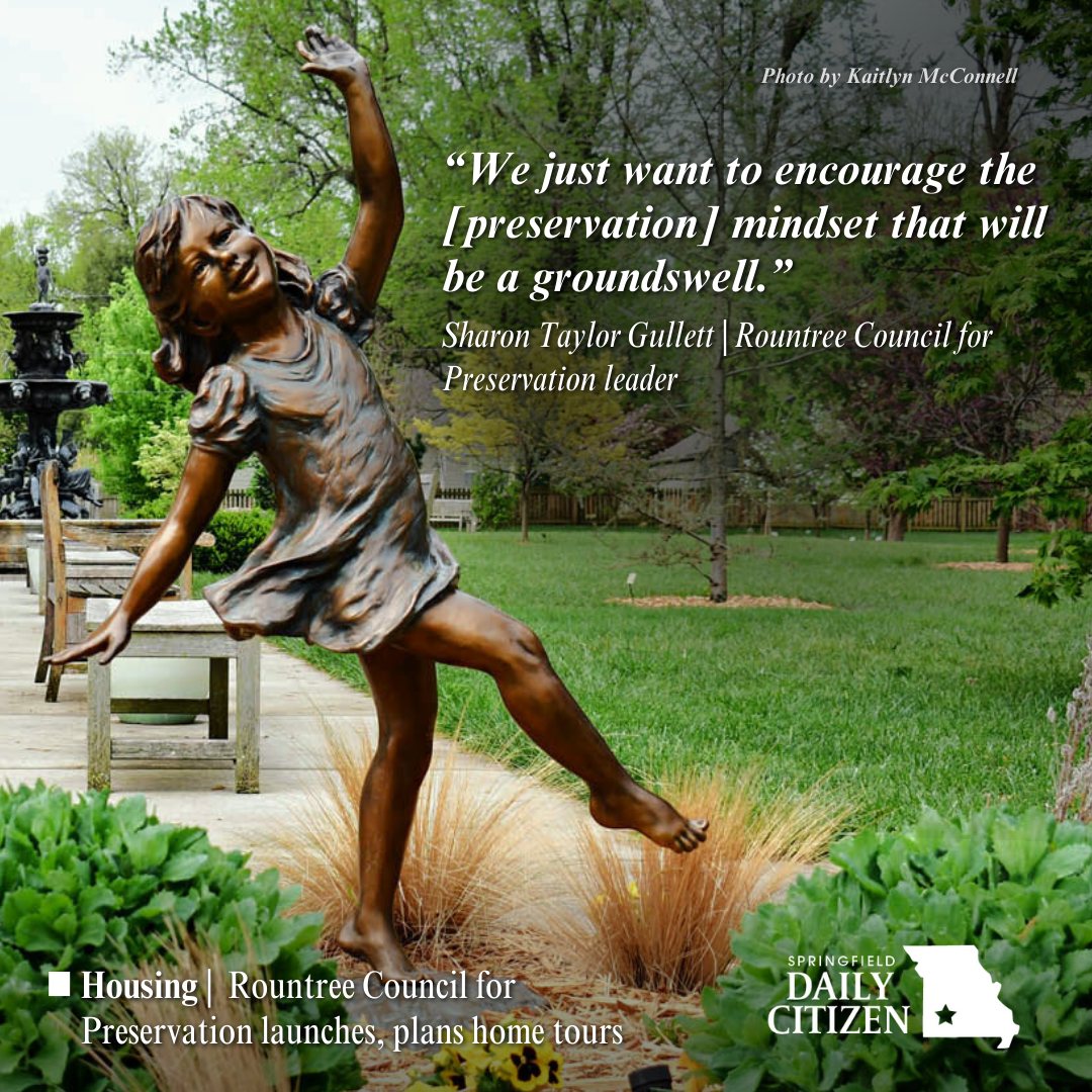 A bronze statue of a young girl in Dominion Park, in the Rountree neighborhood in Springfield, Missouri. Text on the image reads: "We just want to encourage the [preservation] mindset that will become a groundswell." Sharon Taylor Gullett | Rountree Council for Preservation leader" (Photo by Kaitlyn McConnell)