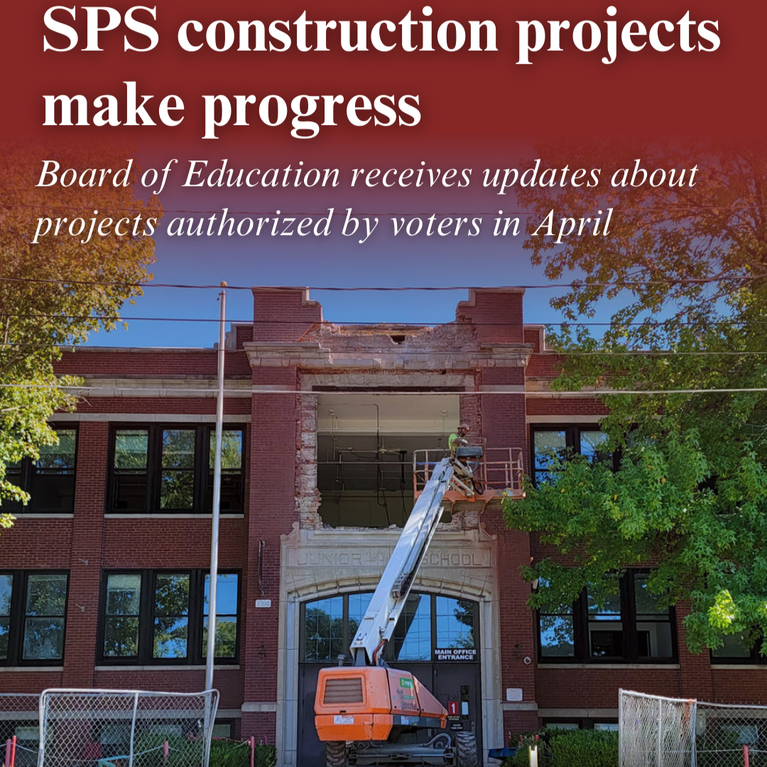 Demolition on October 11th, 2023, of 100-year-old Reed Academy, located at 840 S Jefferson Ave in Springfield. Text on the image reads: "SPS construction projects make progress. Board of Education receives updates about projects authorized by voters in April" (Photo by Shannon Cay)