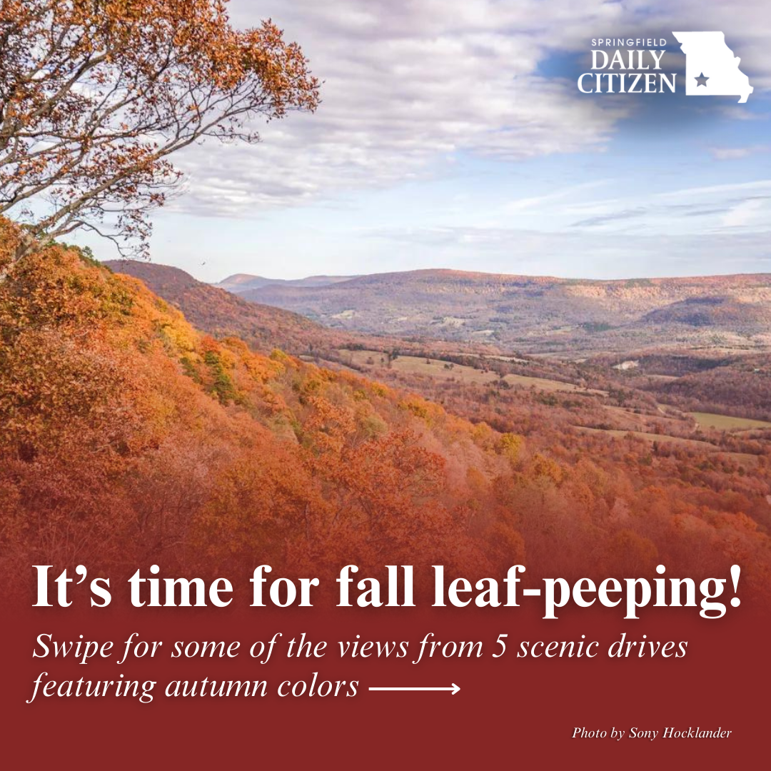 The rolling hills of the Arkansas Grand Canyon dressed in fall foliage with text reading "It's time for fall leaf-peeping!"